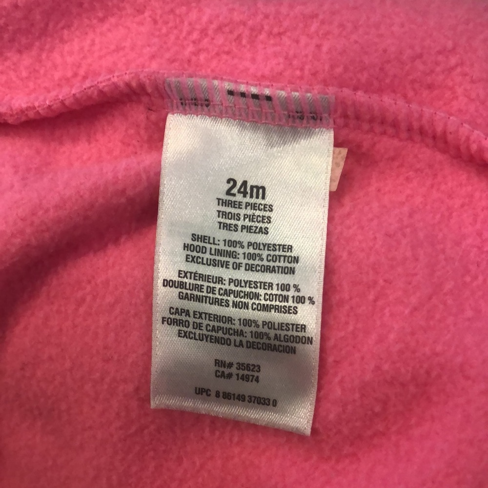 Carter’s Pink zip up hooded fleece with two black bows on the front pocket, 24M - Picture 7 of 9